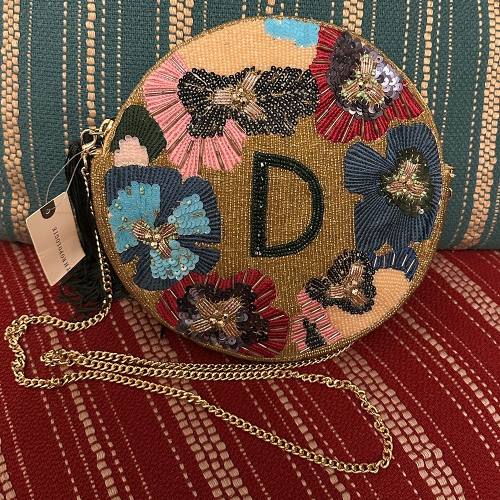 Anthropologie Round Beaded D Monogram Bag 9”